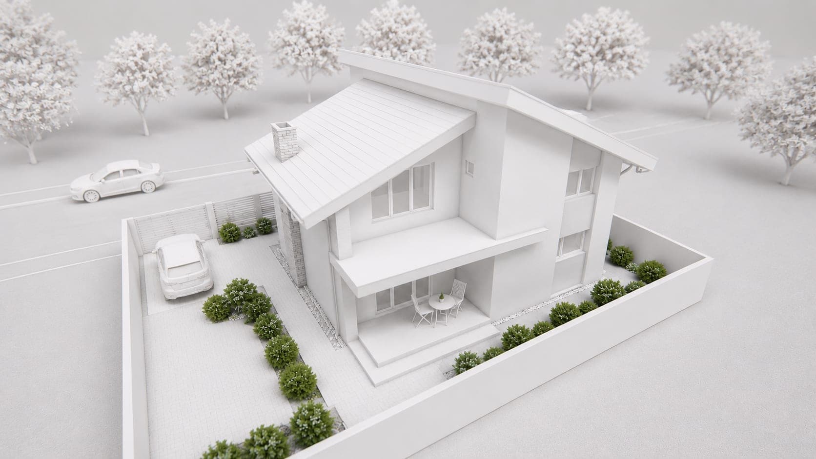 Randare a Casei FH — locuință contemporană cu acoperiș într-o apă și soclu din piatră — imaginea 6 din 6