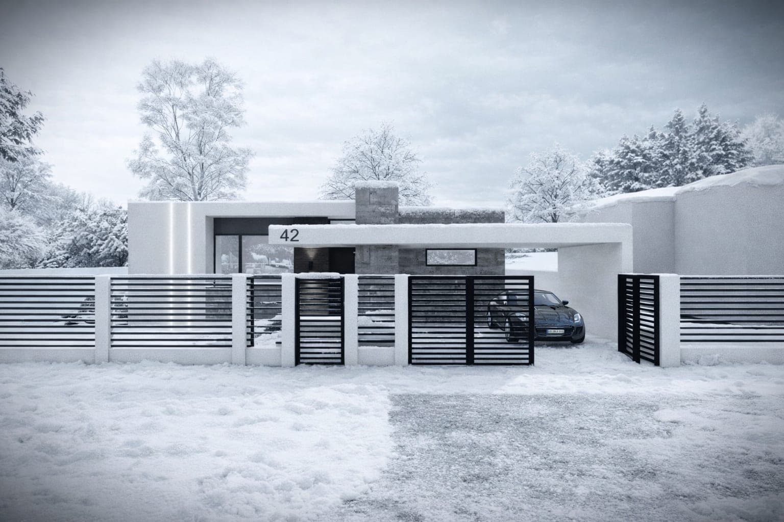 Randare a Casei S1H — locuință parter cu acoperiș plat, travertin și carport integrat — imaginea 6 din 6